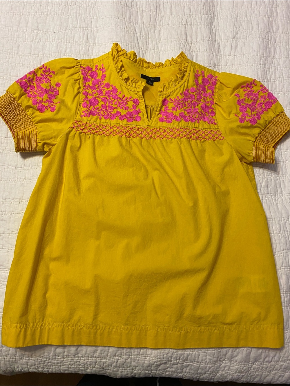 J. Crew Bright Yellow Tunic with Hot Pink Embroidered Yoke